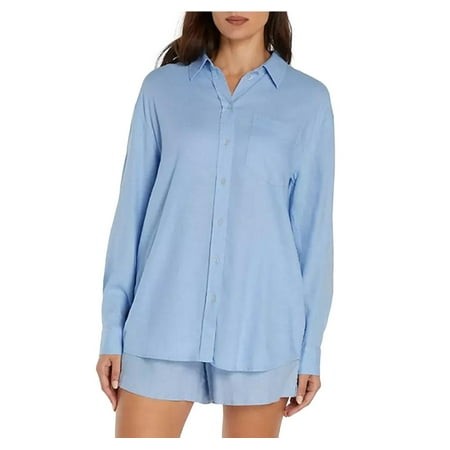 Gap Women Linen Button Up Shirt in Blue Large