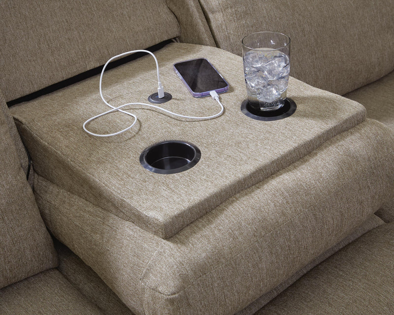 Side-Swipe Reclining Sofa with Drop Down Table