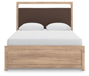 Kinlanni Queen Upholstered Panel Bed, Dresser and Mirror
