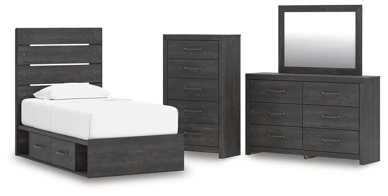 Hollivern Twin Panel Storage Bed, Dresser, Mirror and Chest
