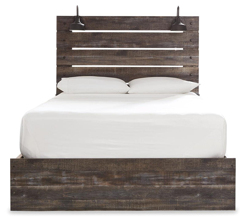 Drystan Queen Panel Bed with Storage, Dresser and Mirror