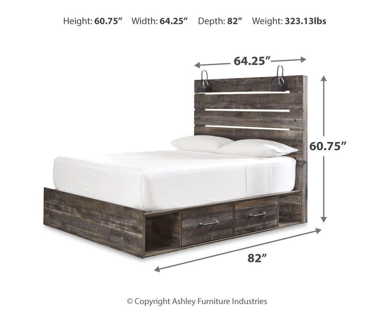 Drystan Queen Panel Bed with Storage, Dresser and Mirror