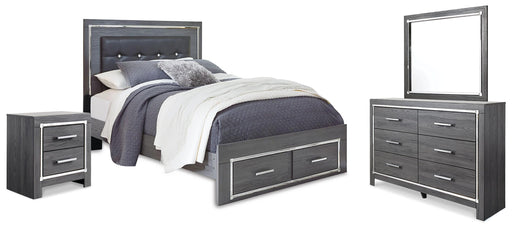 Lodanna Queen Upholstered Panel Storage Bed, Dresser, Mirror, and Nightstand