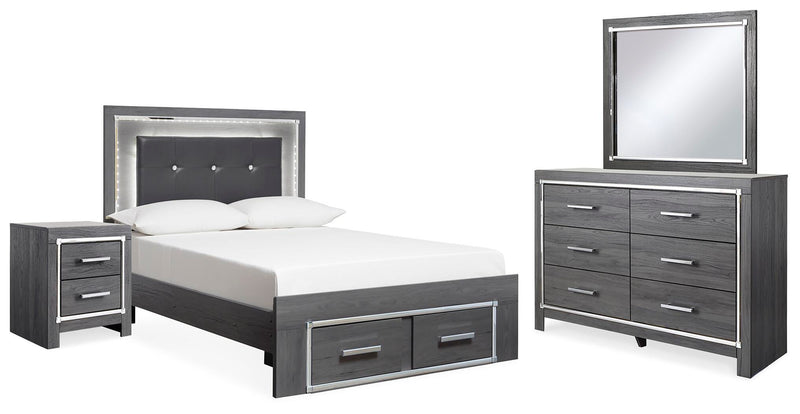 Lodanna Full Upholstered Panel Storage Bed, Dresser, Mirror, and Nightstand