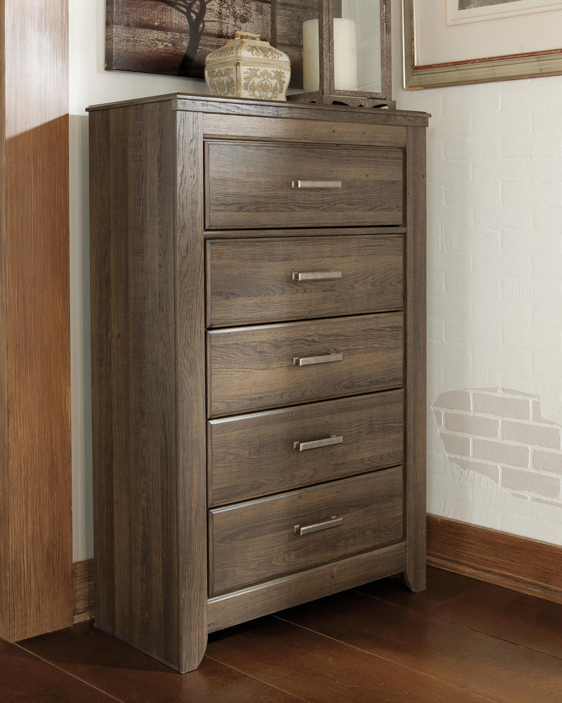 Juararo California King Panel Bed, Dresser, Chest and Nightstand