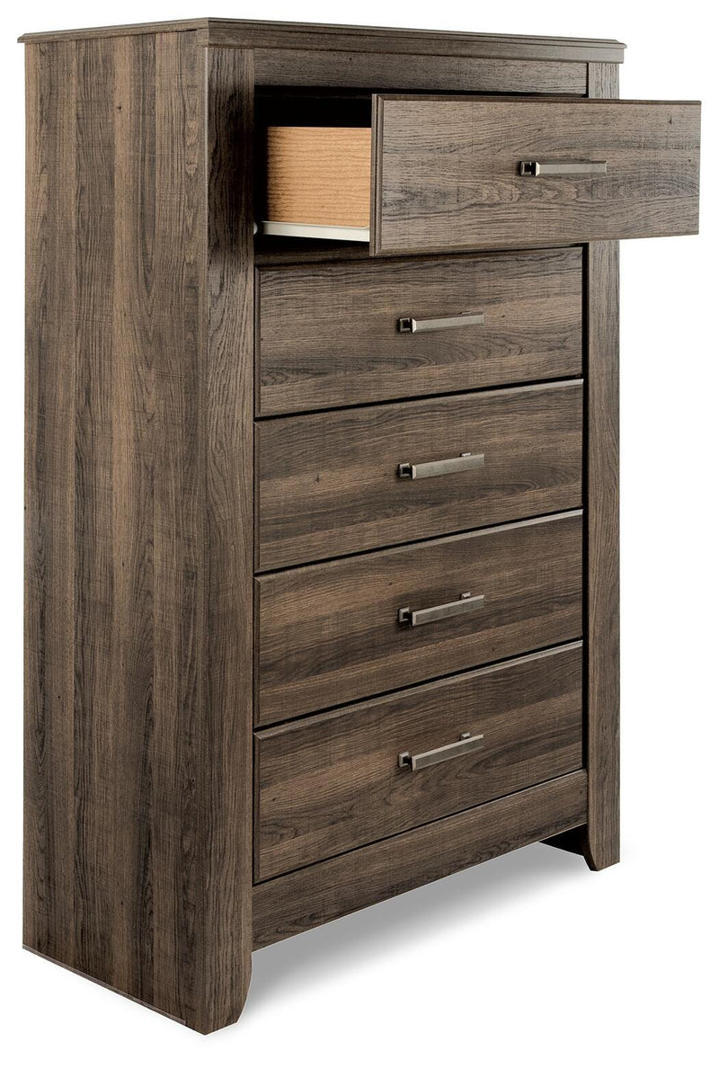 Juararo California King Panel Bed, Dresser, Mirror, Chest and Nightstand