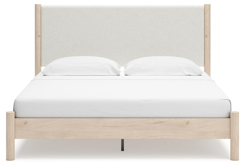 Cadmori King Upholstered Panel Bed, Dresser, Mirror and Nightstand