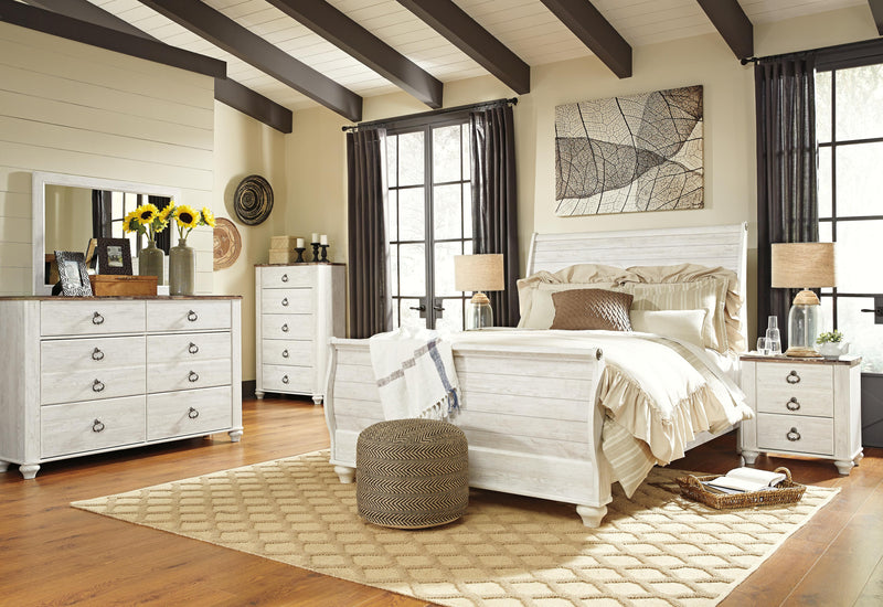 Willowton Queen Sleigh Bed, Dresser, Mirror, Chest and Nightstand