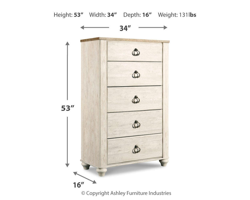 Willowton Twin Bed with Storage, Dresser, Mirror, Chest and Nightstand