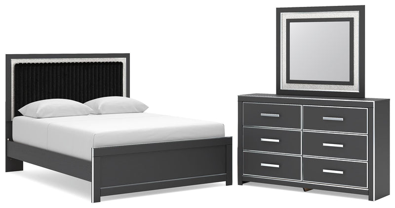 Zuraleus Queen Upholstered Panel Platform Bed, Dresser and Mirror
