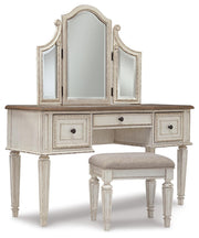 Realyn Full Panel Bed, Dresser, Mirror, 3-Piece Vanity and Nightstand
