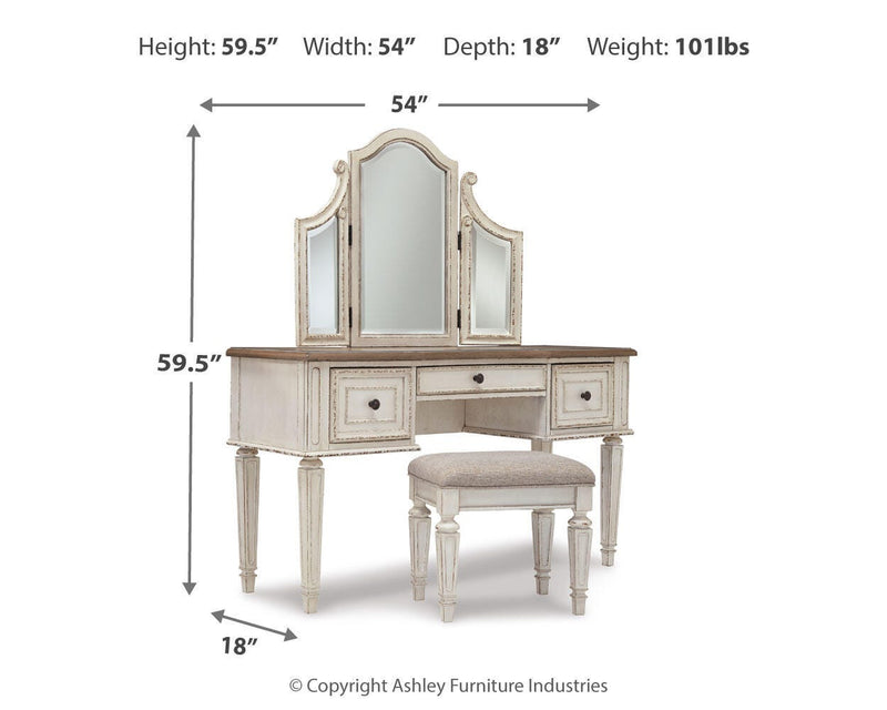 Realyn Twin Upholstered Panel Bed, Chest, Vanity and Nightstand