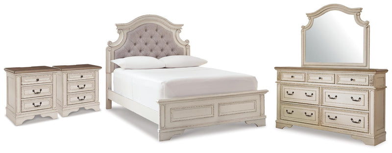 Realyn Full Upholstered Panel Bed, Dresser, Mirror and 2 Nightstands