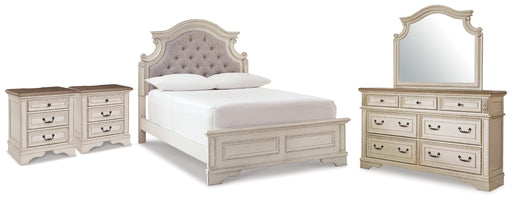 Realyn Full Upholstered Panel Bed, Dresser, Mirror and 2 Nightstands