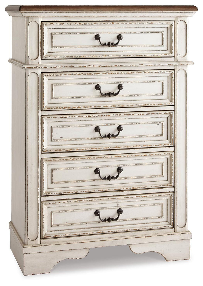 Realyn Full Upholstered Panel Bed, Dresser, Mirror, Chest and Nightstand