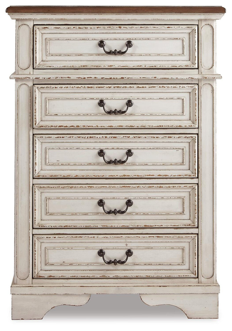 Realyn Queen Panel Bed, Dresser, Mirror, Chest and Nightstand
