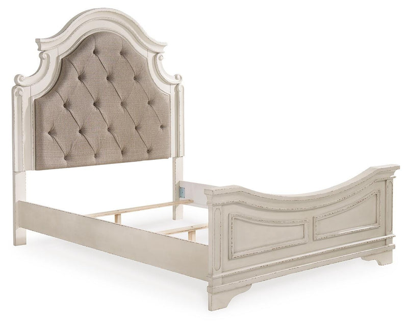 Realyn Queen Upholstered Panel Bed, Dresser, Mirror, Chest and 2 Nightstands