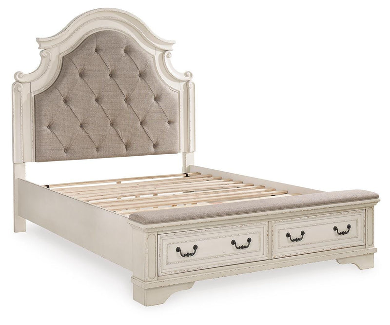 Realyn Queen Upholstery Panel Bed, Dresser, Mirror and Nightstand
