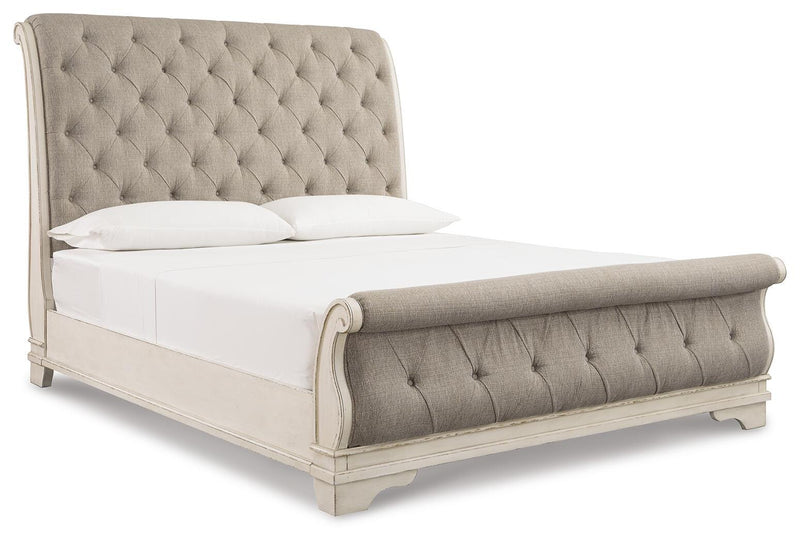Realyn King Upholstered Sleigh Bed, Dresser, Mirror and 2 Nightstands