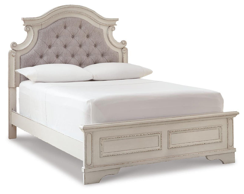 Realyn Full Upholstered Panel Bed, Dresser, Mirror and 2 Nightstands