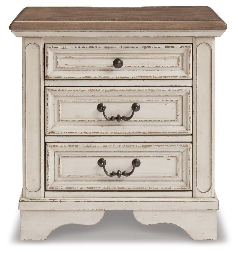 Realyn Queen Upholstered Panel Bed with Storage, Dresser and Nightstand