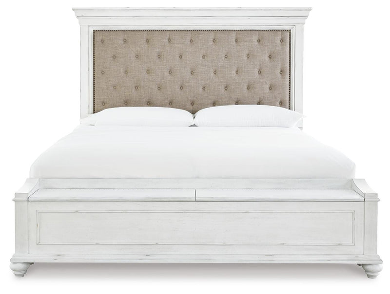 Kanwyn King Upholstered Storage Bed, Dresser, Mirror and Nightstand