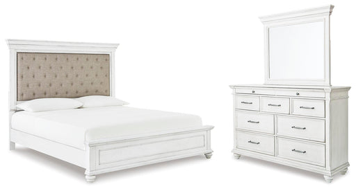 Kanwyn King Upholstered Panel Bed, Dresser and Mirror