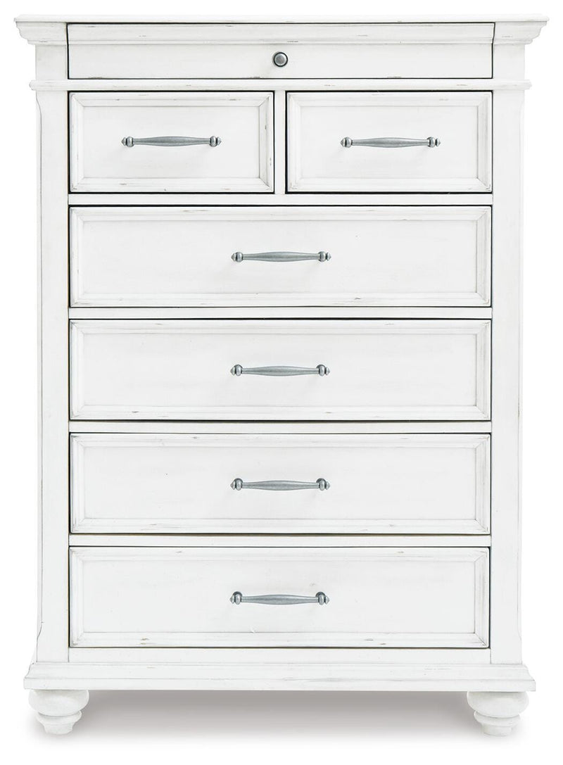 Kanwyn King Upholstered Panel Bed, Dresser, Mirror and Chest