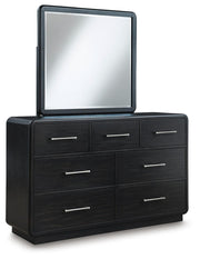 Rowanbeck Queen Upholstered Panel Bed, Dresser, Mirror and Nightstand