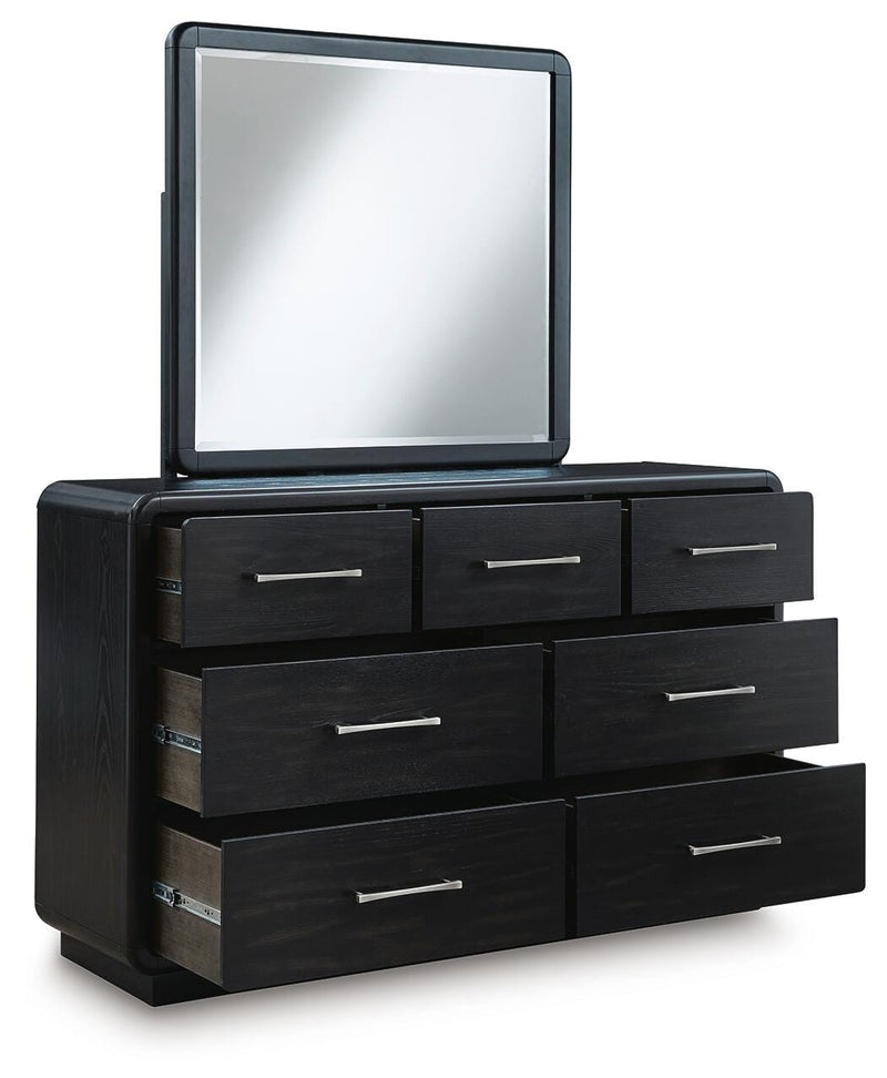 Rowanbeck Queen Upholstered Panel Bed, Dresser, Mirror and Nightstand