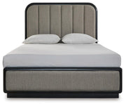 Rowanbeck Queen Upholstered Panel Bed, Dresser, Mirror and Nightstand