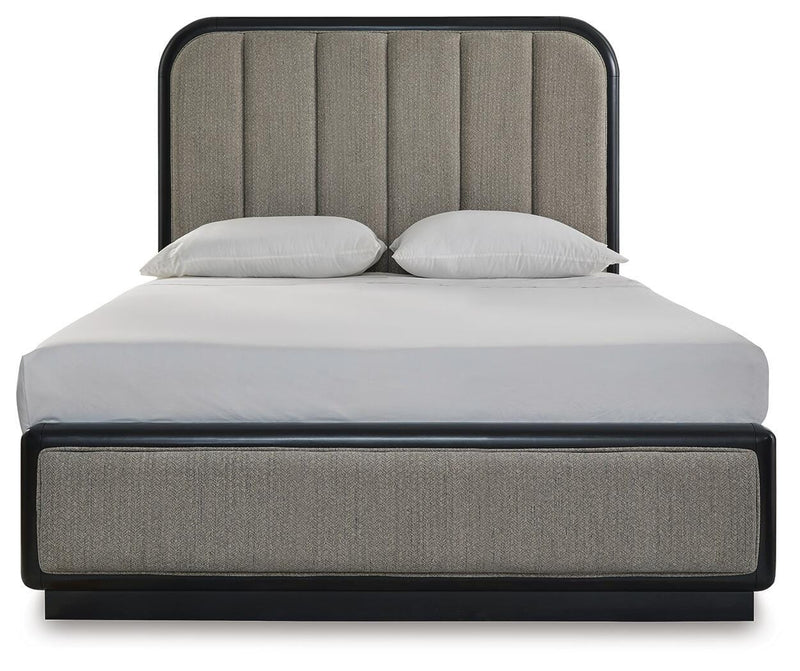 Rowanbeck Queen Upholstered Panel Bed, Dresser, Mirror and Nightstand