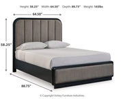 Rowanbeck Queen Upholstered Panel Bed, Dresser, Mirror and Nightstand