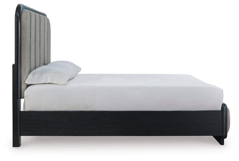 Rowanbeck Queen Upholstered Panel Bed, Dresser, Mirror and Nightstand