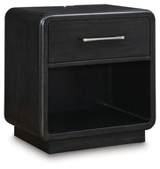 Rowanbeck Queen Upholstered Panel Bed, Dresser, Mirror and Nightstand