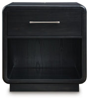 Rowanbeck Queen Upholstered Panel Bed, Dresser, Mirror and Nightstand