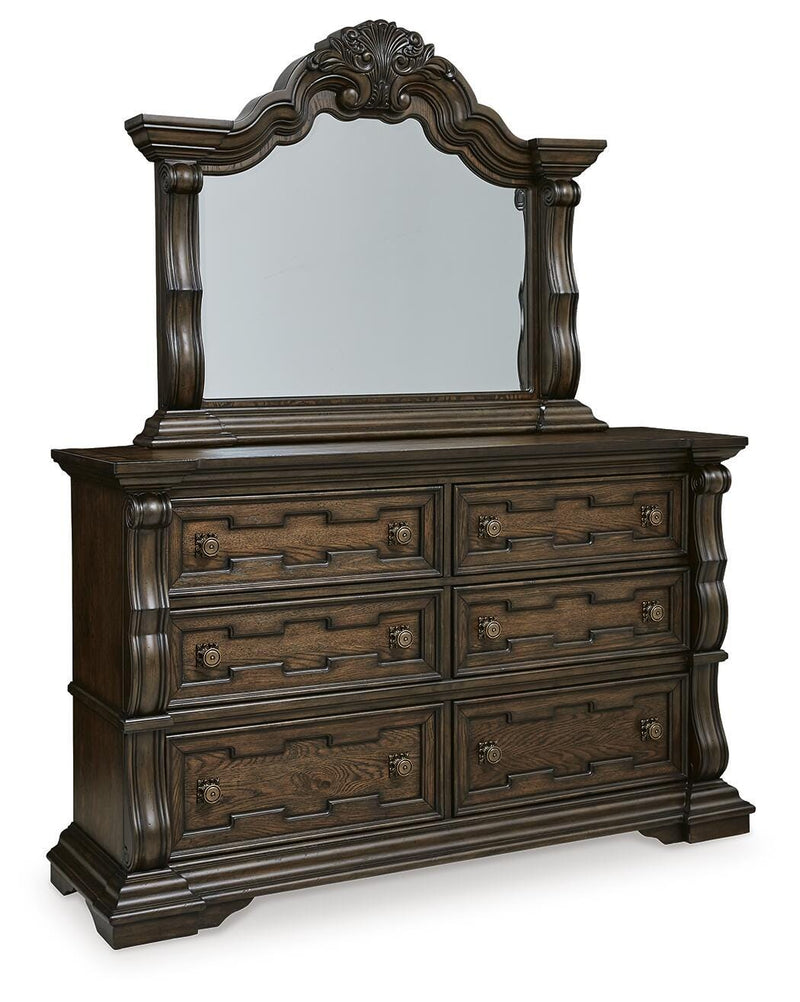 Maylee Queen Upholstered Panel Bed, Dresser, Mirror and Nightstand