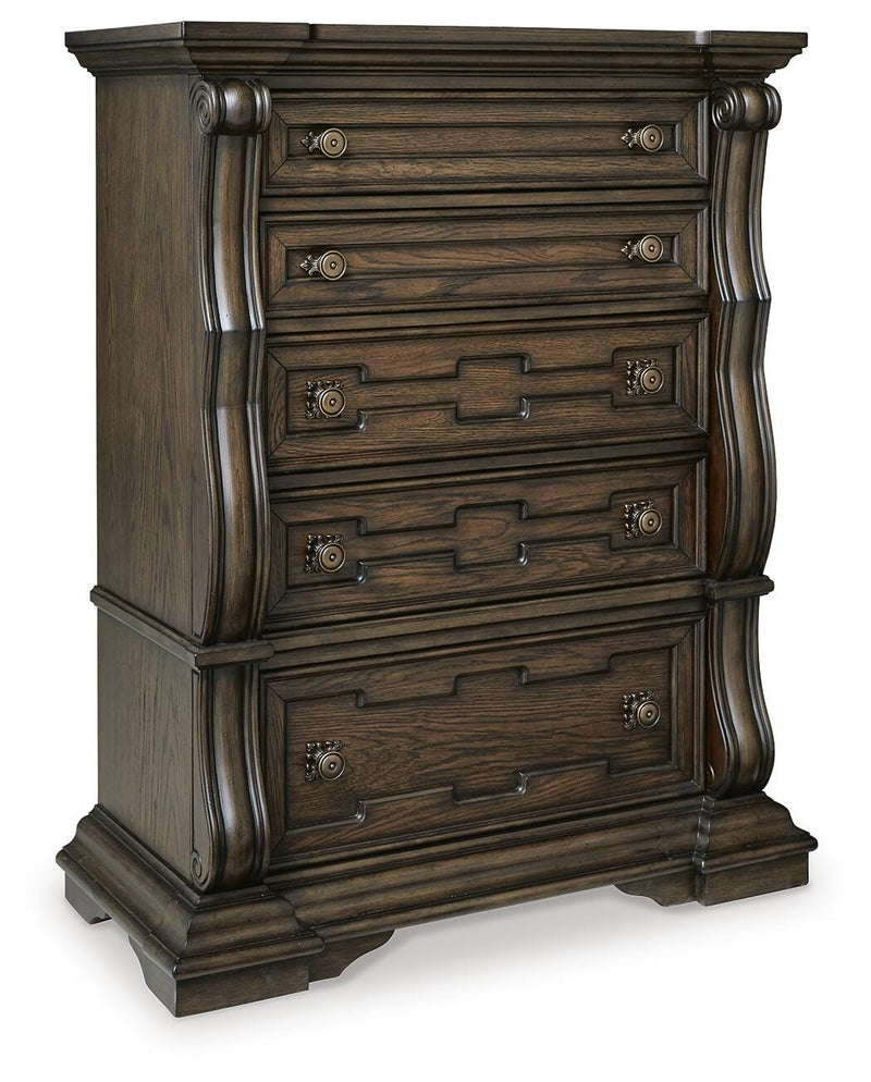 Maylee King Upholstered Bed, Dresser, Mirror, Chest and 2 Nightstands