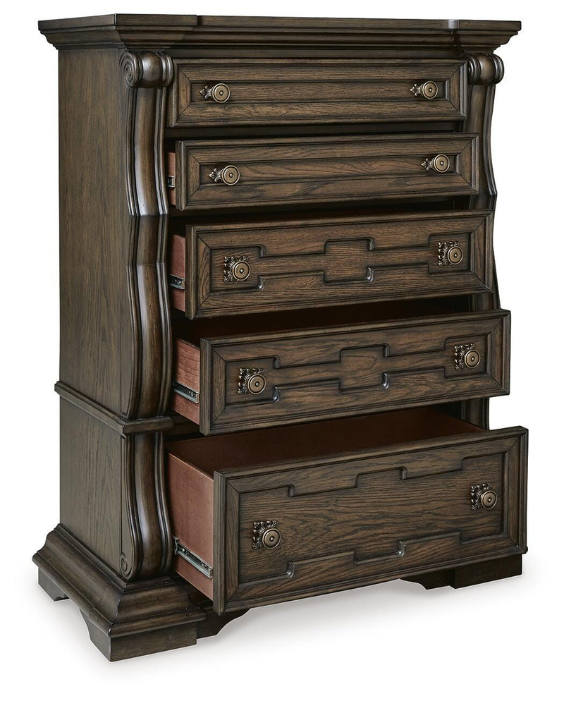 Maylee King Upholstered Panel Bed, Chest and 2 Nightstands