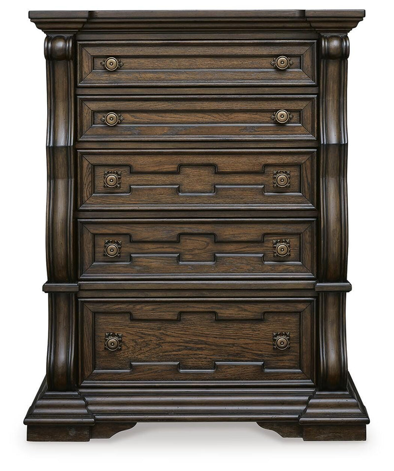 Maylee King Upholstered Bed, Dresser, Mirror, Chest and 2 Nightstands