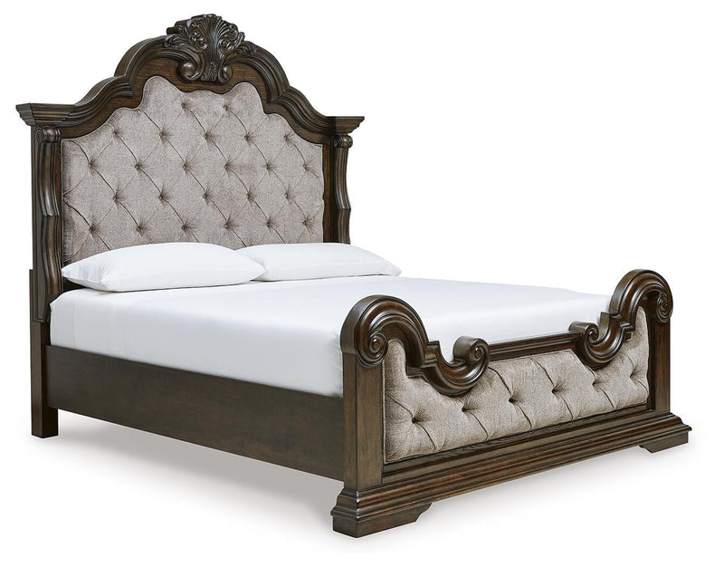 Maylee King Upholstered Bed, Dresser, Mirror and 2 Nightstands